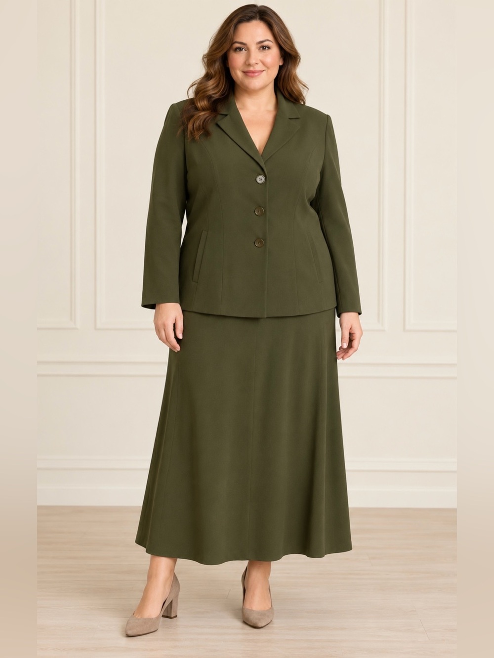Danny & Nicole Olive Green Skirt Suit Blazer 2 Piece Set Size 14W